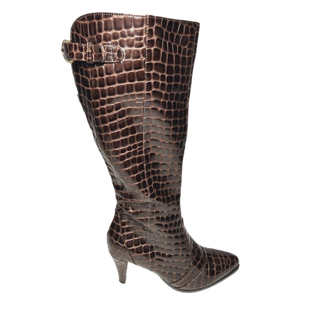 Britta Brown Faux Croc Print 3" Heel Boot Side Zipper 7 M